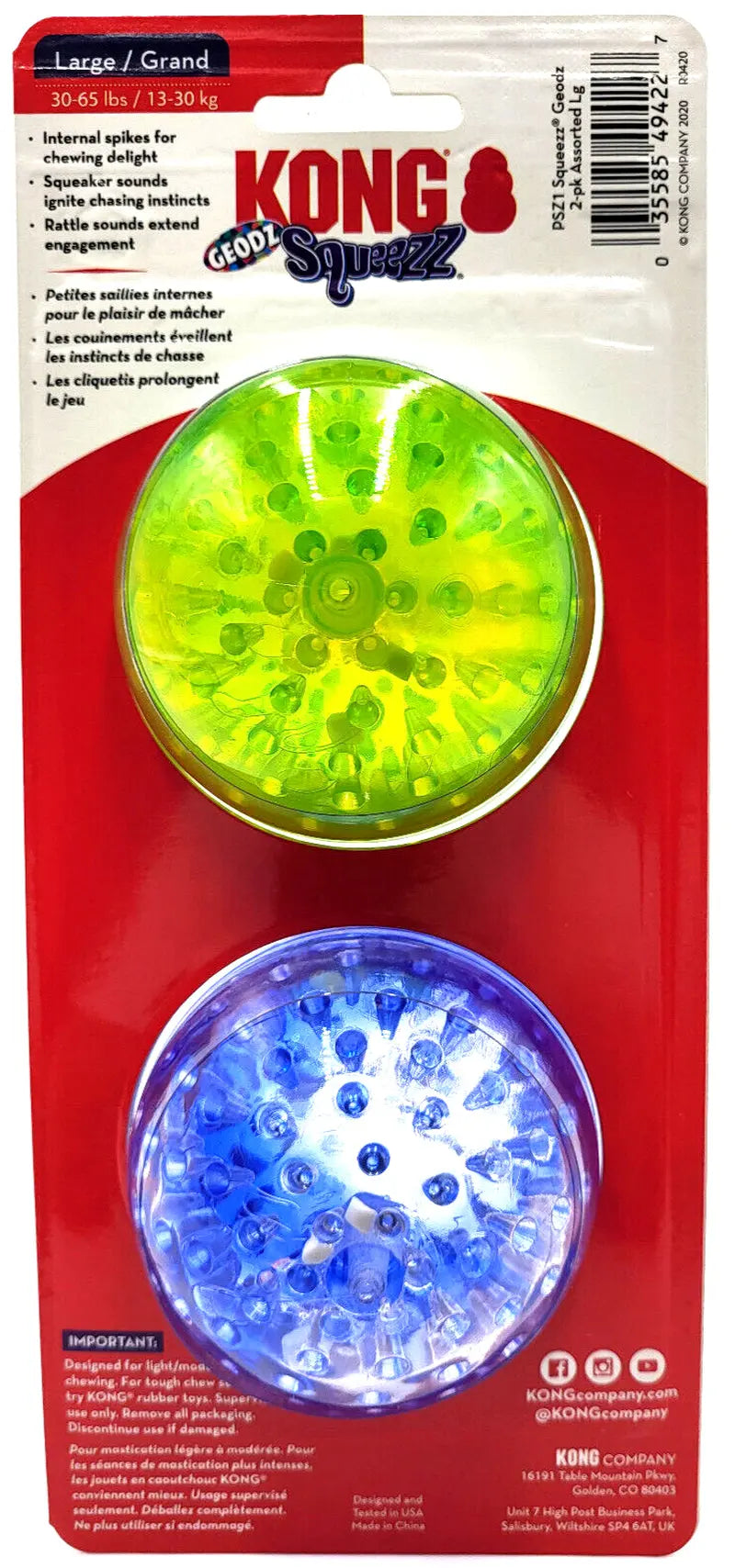 KONG Squeezz Geodz Balls Large 2Pk Squeaky Floating Dog Fetch Toy 3" Colors Vary
