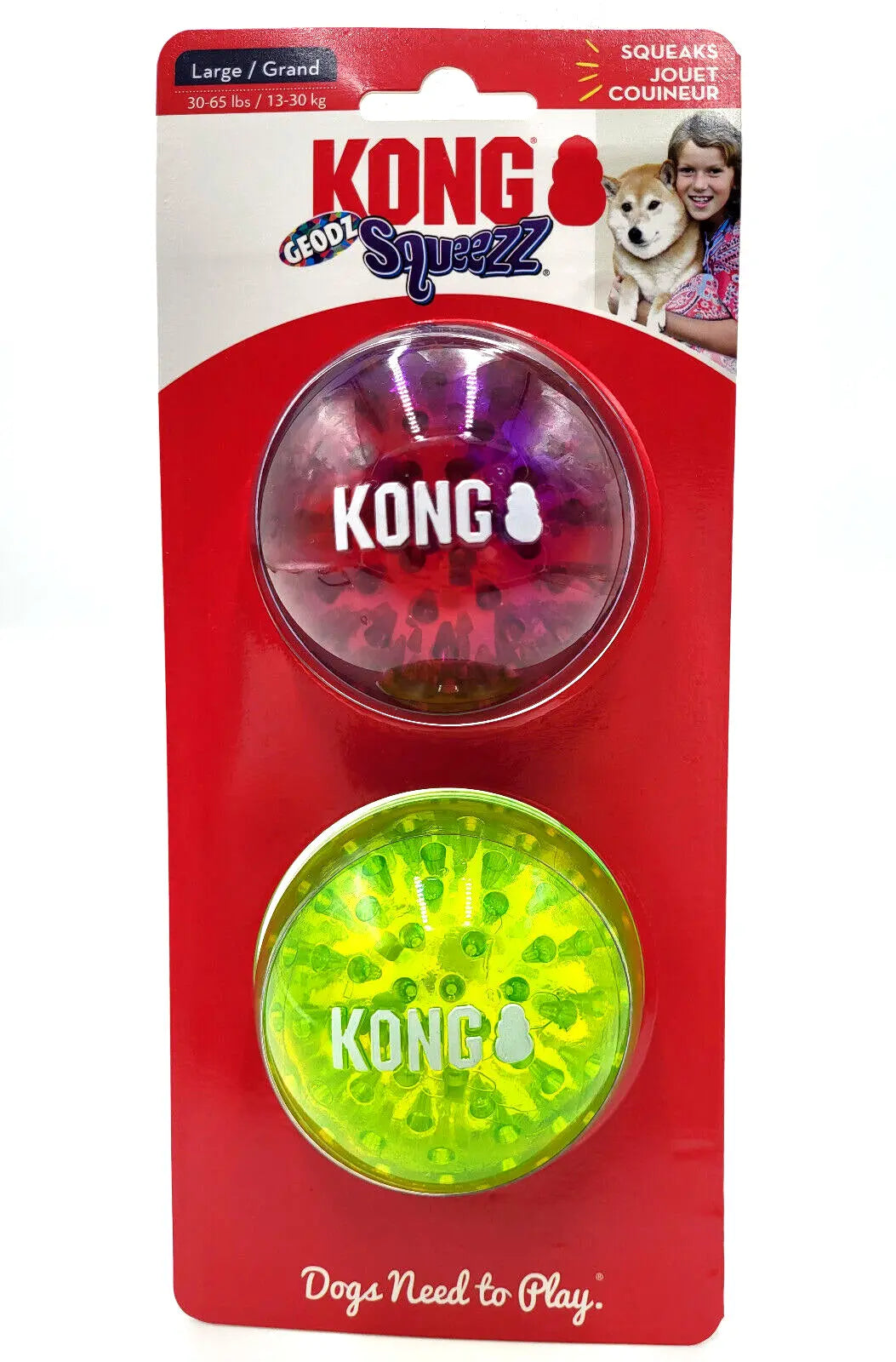 KONG Squeezz Geodz Balls Large 2Pk Squeaky Floating Dog Fetch Toy 3" Colors Vary