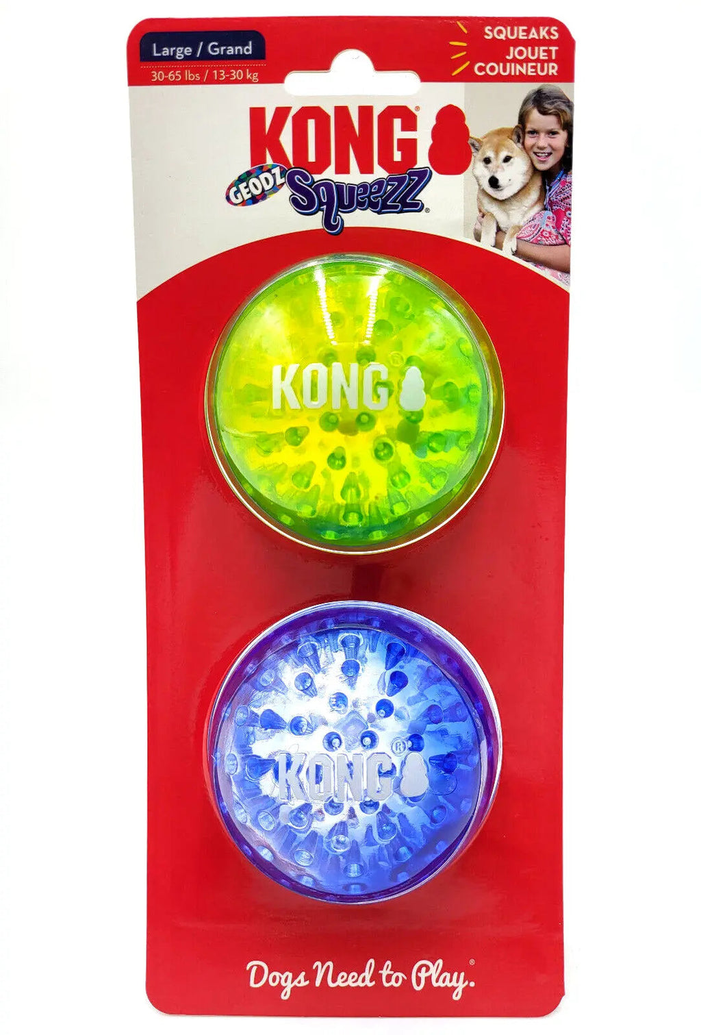 KONG Squeezz Geodz Balls Large 2Pk Squeaky Floating Dog Fetch Toy 3" Colors Vary