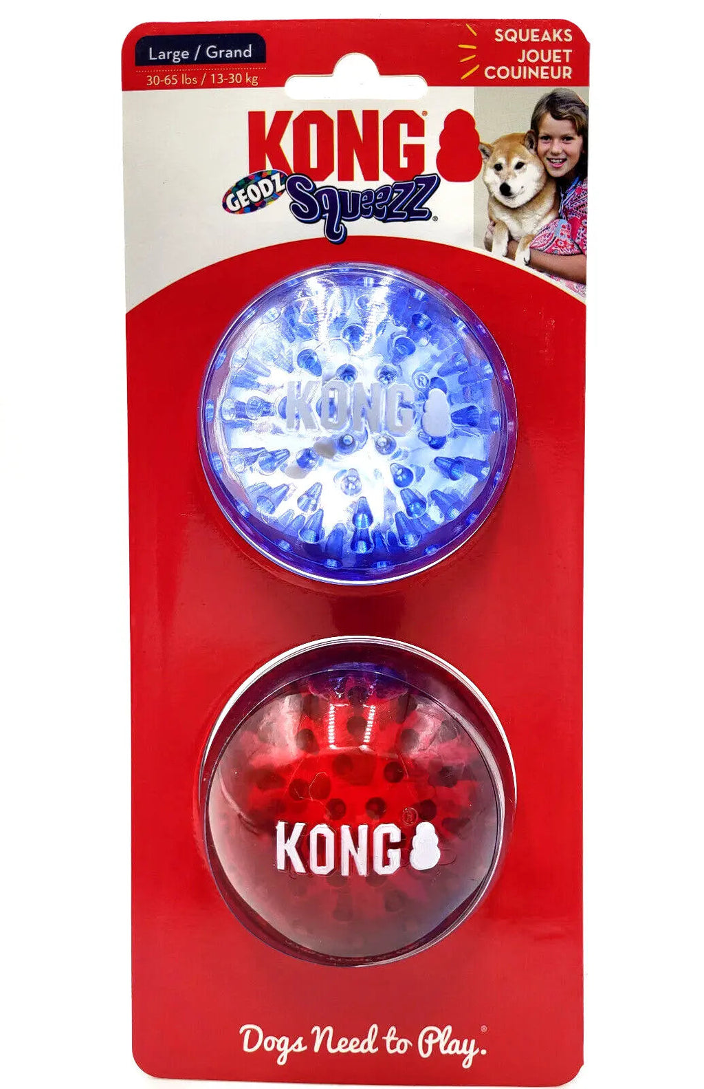 KONG Squeezz Geodz Balls Large 2Pk Squeaky Floating Dog Fetch Toy 3" Colors Vary