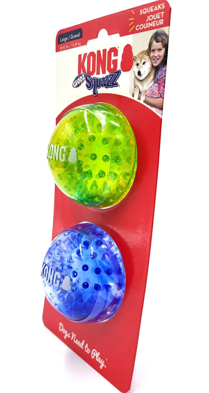 KONG Squeezz Geodz Balls Large 2Pk Squeaky Floating Dog Fetch Toy 3" Colors Vary